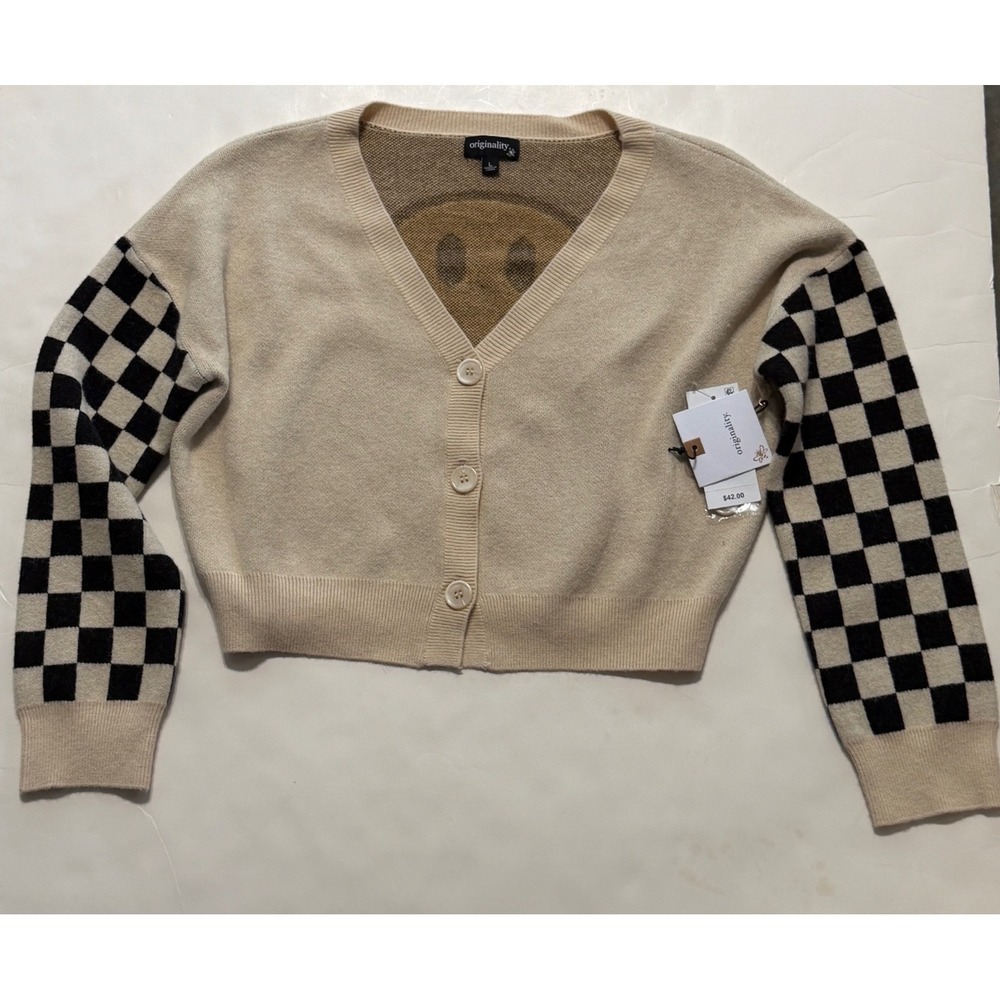 Originality Smiley Face Checkered Sleeve Cropped Cardigan Ivory Black Large NEW